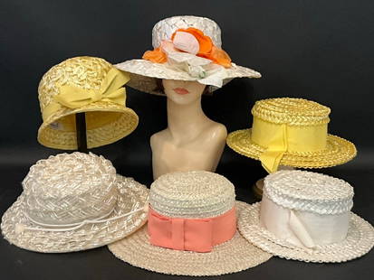 Vintage (6) Vintage Straw Hats - Bamberger's , Union Made: (6) Vintage Straw Hats - Bamberger's Union Made Dimensions: 6 1/2”-7” D
