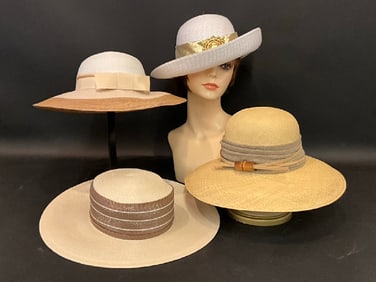 Four (4) Vintage Straw Hats - Frank Clive for Bonwit Teller, Sak’s Fifth Ave, Mirvel