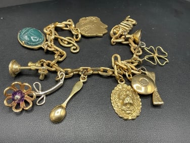 10K- 14K Yellow Gold Charm Bracelet w/ Charms