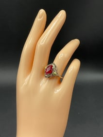 14K White and Yellow Gold Ring w/ Ruby Colored Stone