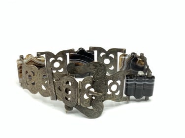 Antique Scottish Agate Silver Bracelet w/ Buckle Closure