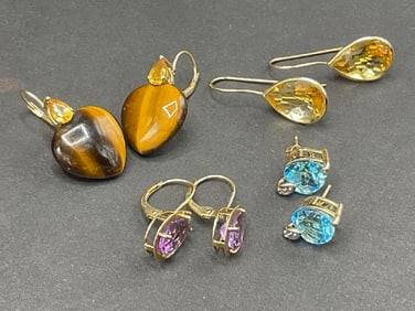 Four (4) Pairs Gold Gemstone Earrings