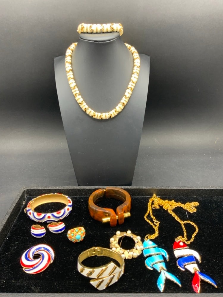 Estate Compiled Vintage Costume Jewelry Lot: Estate Compiled Vintage Costume Jewelry Group. Trifari Ring and Bracelets, D'Orlan Set and Two Judith Jack Enameled Fish Pendant Necklaces.