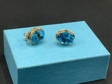 14K Yellow Gold Blue Topaz Earrings