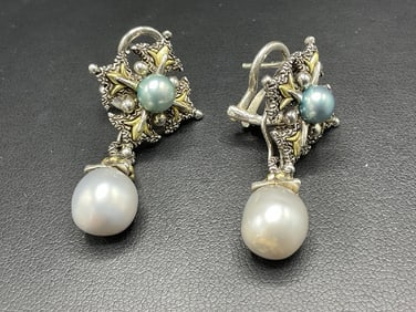 Barbara Bixby 18K/925 Pierced Pearl Drop Earrings