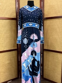 Vintage Paganne by Gene Berk. “Woman Walking A Dog??  Full Length Maxi Dress