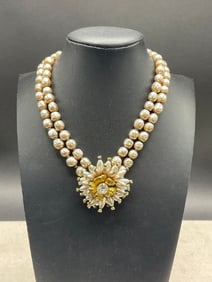 Miriam Haskell Double Strand  Faux Pearl Flower Necklace