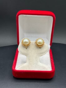18K  Yellow Gold Pearl Pierced Earrings