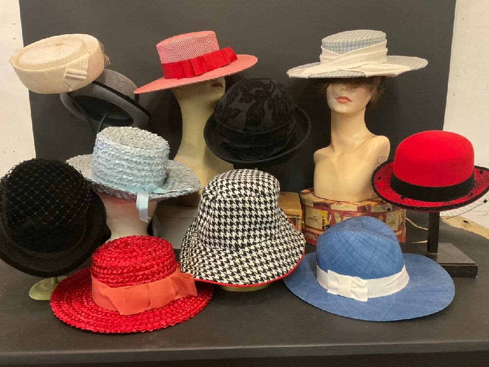 (11) Vintage Wide Brim, Fedora & Pill Box Hats: (11) Vintage Wide Brim, Fedora & Pill Box Hats - Deborah Rhodes “Mocha”, Liz Claiborne, (2) Betmar, Liz Claiborne, Commodore, Corona Dimensions: 7” - 10” D
