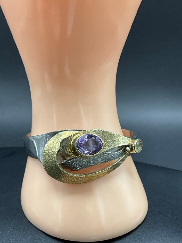 Fine Sterling Silver Modernist Citrine and Amethyst Cuff Bracelet (1 of 5)