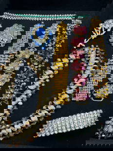 Eight (8) Piece Vintage Rhinestone Jewelry Group: Eight (8) Piece Vintage Rhinestone Jewelry Group. Including Moonstone Brooch, Eugene Signed Choker Etc.