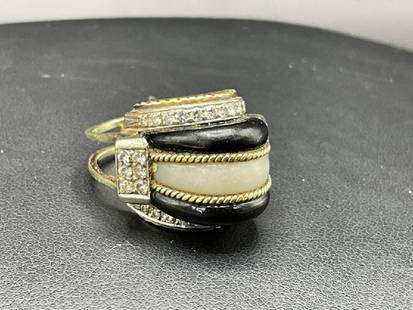 14K Art Deco Diamond Onyx and White Jade Ring: Period Art Deco 14K White Gold Diamond, Onyx and White Jade Ring. Total weight: 9.88 grams size 3