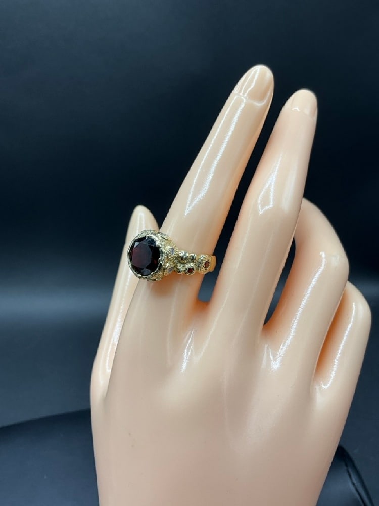14K Yellow Gold Garnet and Diamond Medieval Style Ring (1 of 5)
