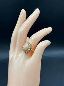 14K Yellow Gold Pink Coral and Pearl Ring