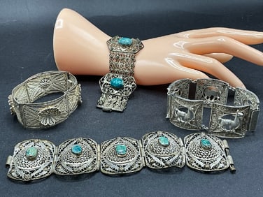 Four (4) Vintage Sterling Silver Scarab and Filigree Bracelets
