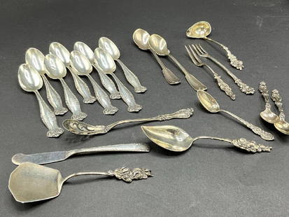 Twenty (20) Piece American Sterling Silver Flatware: Twenty (20) Sterling Silver Compiled Spoons, Forks and Knives. Early 1900's American. Total weight: 412 grams.