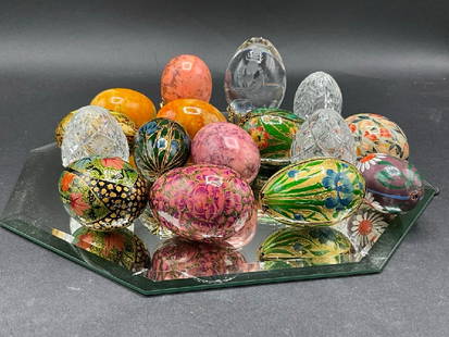 Estate Compiled Collection of Eggs: Estate Compiled Collection of Eggs. Italian marble eggs, Faberge crystal eggs and Russian lacquerware eggs.