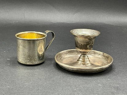 Estate Compiled Sterling Silver Table Wares: Compiled estate sterling silver wares. A sterling silver cup with gold wash and single non-weighted candlestick. Total weight: 130.5 grams