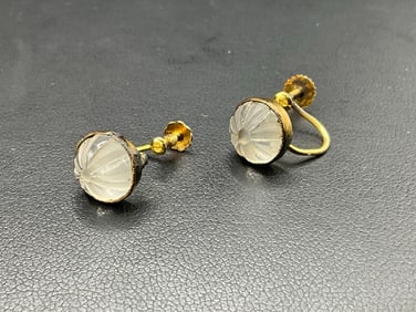 9ct Gold Antique Carved Crystal Screwback Earrings