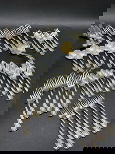 Estate Compiled Gorham Sterling Silver Flatware: Estate Compiled Gorham Sterling Silver Flatware. Forty-nine pieces total. Monogrammed. Six of each pieces and one Gorham serving spoon. Total weight: 1363 grams and 368 grams (knives)Total weight over