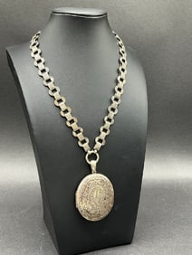 Antique Sterling Silver Victorian Necklace with Large Locket