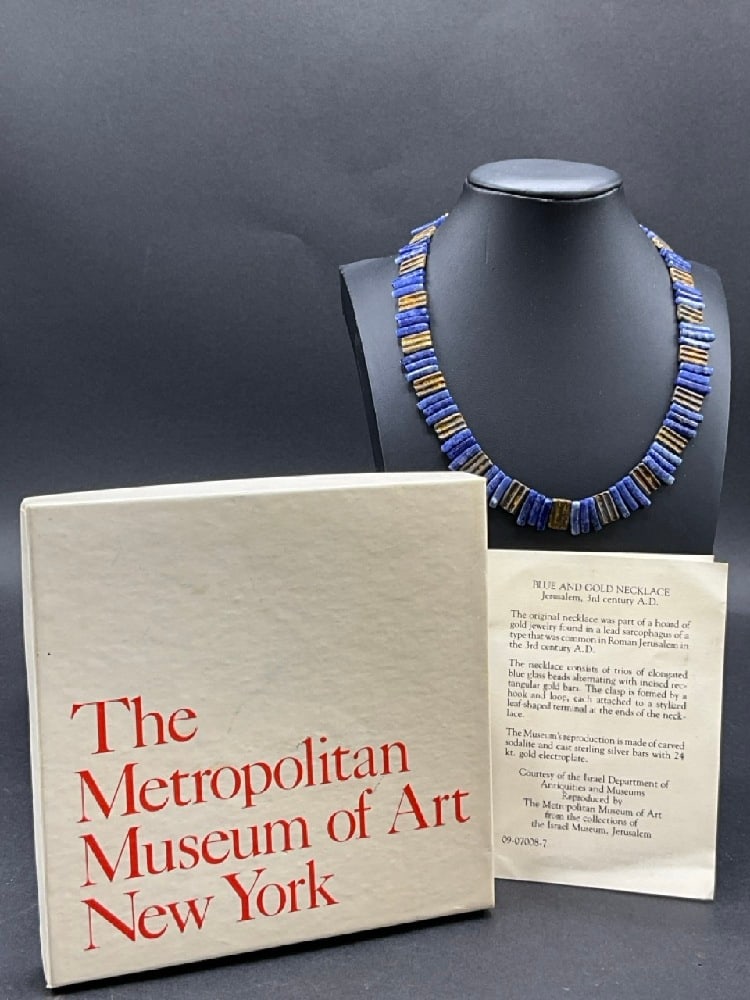 The Metropolitan Museum of Art Blue and Lapis Necklace Jerusalem 3rd Century AD: The Metropolitan Museum of Art Blue and Gold Necklace Jerusalem 3rd Century AD. Museum Replica with paperwork. Lapis and Sterling silver with Gold Overlay. Dimensions: 14”