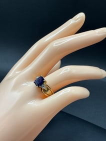 14K Yellow Gold Blue Sapphire and Diamond Ring