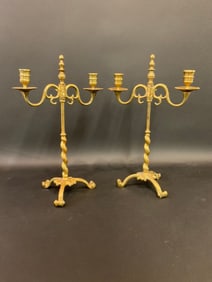 A Pair of Antique Brass Three Armed Candelabra