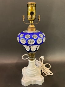 Cobalt Blue White Overlay Milk Glass Oil Lamp- Electrified