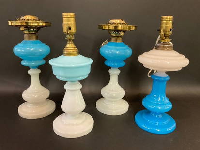 (4) Vintage Blue & Milk Glass Oil Lamps: (4) Vintage Blue & Milk Glass Oil Lamps.Dimensions: Lg - 12 1/4” x 5 1/2” Sm - 12” x 5 1/2”