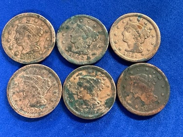 Six 19th Century Large U.S. Copper Cents