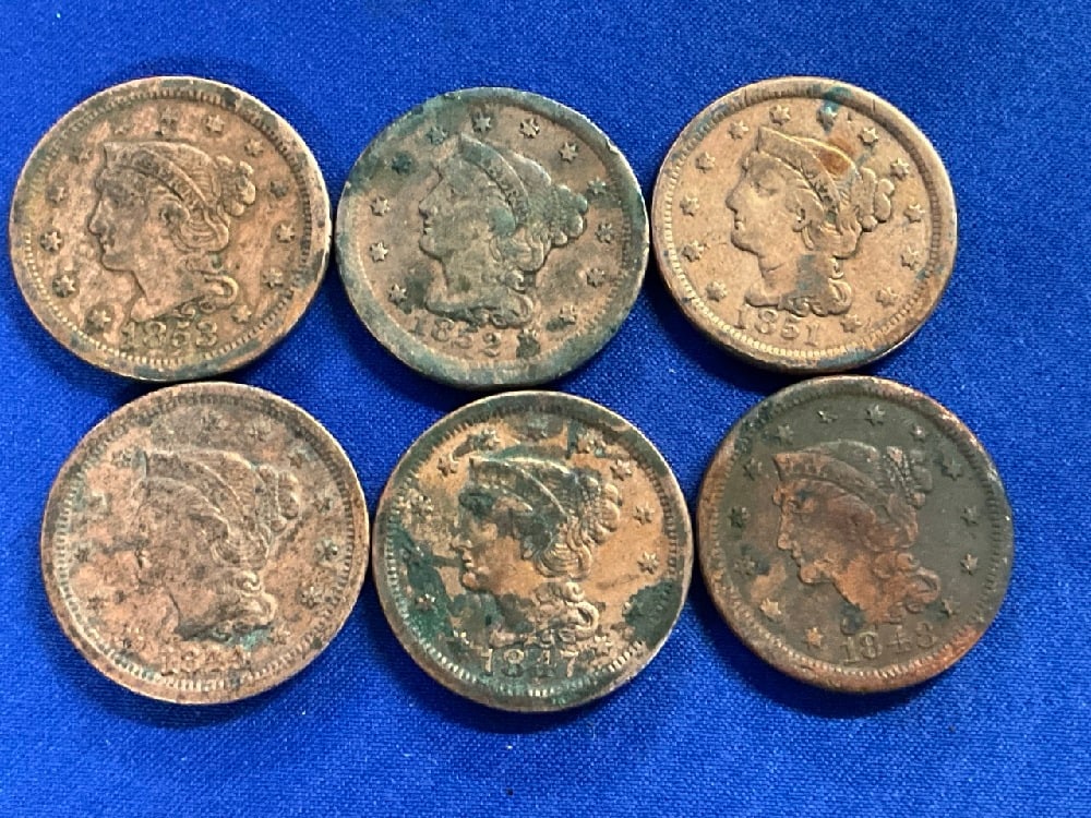 Six 19th Century Large U.S. Copper Cents (1 of 2)