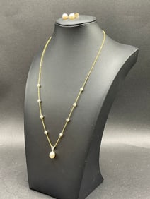 14K Diamond and Pearl Necklace and Earrings Set