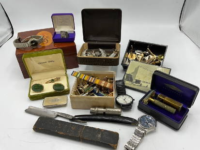 Men’s Vintage Jewelry Lot w/ Sterling: Men's Vintage Jewelry Lot with Sterling Silver. A nice men's Peruvian sterling silver vintage ring, cufflinks, gold filled pocket knife, watches etc.