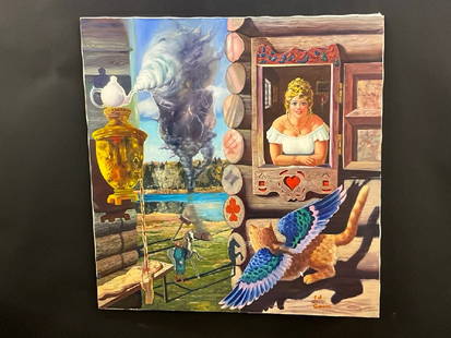 Edward Gavrilov (1932-2000 Russian/American) Surrealism: Edward Gavrilov (1932-2000 Russian/American) Surrealist Russian Festive Scene.Condition: The wooden frame is slightly warped. Oil on canvas. Signed lower right.Dimensions: 42&rdquo; x 41&rdquo; Bio: E