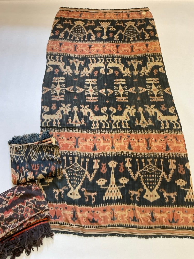 Three (3) Sumba Handwoven Cotton Died Textiles: Three (3) Sumba Handwoven Cotton Died Textiles.Dimensions: 48” x 99” (each approx.)Condition: This collection was started over 50 years ago and meticulously stored. All pieces expected to