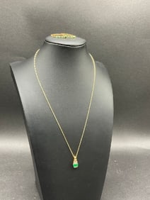 14K Yellow Gold Diamond and Emerald Necklace and Earrings
