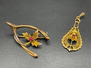 Two (2) 10K Yellow Gold Vintage Wishbone Pin and Drop Pendant with Garnet
