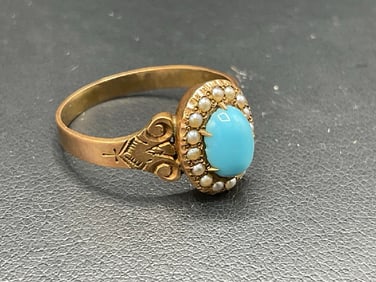 10K Antique Rose Gold Ring with Turquoise and Seed Pearls