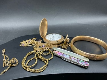 Estate Compiled Gold Filled Jewelry, Pocket Watch and Pocket Knives