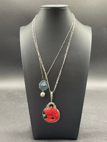 Sajen Carved Cinnabar Fish Pendant with Sterling Silver Enameled Pendant