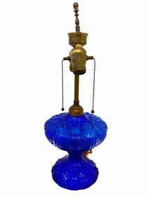Early Pattern Glass Cobalt Blue Oil Lamp Base, Electrified