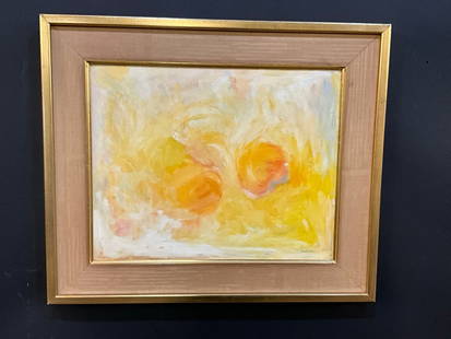 MCM Double Fire Ball Sun Abstract Oil Painting Signed Illegibly: Mid Century Modern period Double Fire Ball Sun Abstract Oil Painting Signed Illegibly.Oil on canvas. Dimensions: 13 3/4&rdquo; x 10 3/4&rdquo; and 16&rdquo; x 15 1/2&rdquo;
