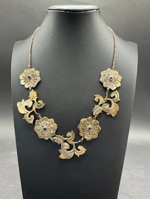 Art Nouveau Floral Sterling Silver Necklace with Blue Stones