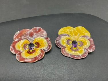 Two (2) 14K/Sterling Enameled Flower Pin with Amethyst Stone