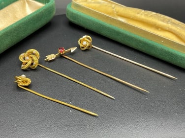 Four (4) Antique 14K Yellow Gold Stick Pins