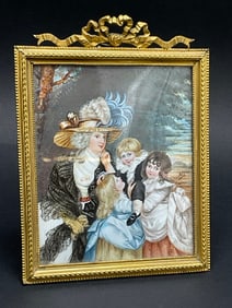 19th Century Miniature Family Oil Portrait signed Petit