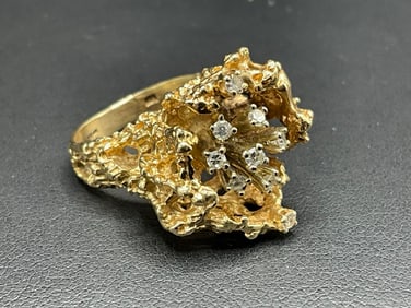 14K Yellow Gold Brutalist Style Diamond Cluster Ring