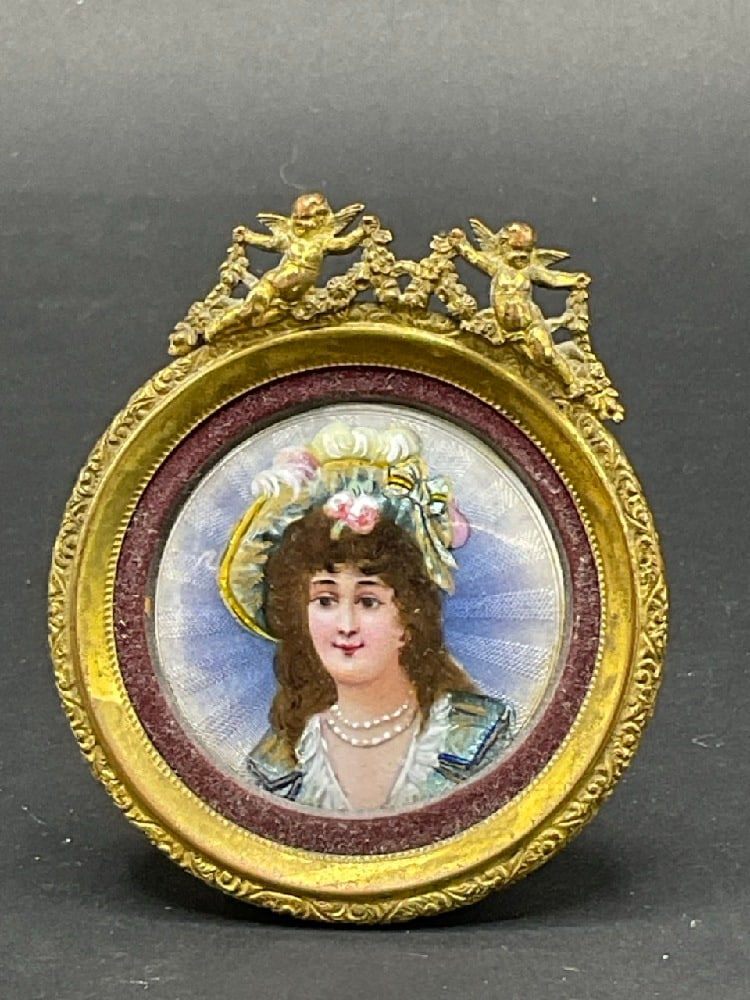 19th Century Enameled Miniature Oil Portrait: 19th Century Enameled Miniature Oil Portrait with Frame. Dimensions: 3” x2 3/4”