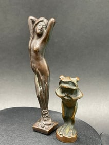 Two (2) Antique Bronze Seals Art Nouveau Nude and Frog